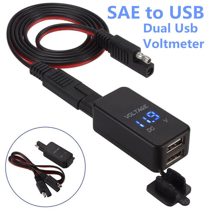 Motorcycle 12V SAE to USB Cable Adaptor Dual Power Port Charger LED Voltmeter