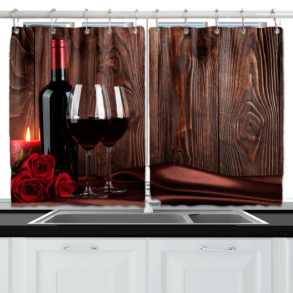 Red Wine on Wooden Window Treatments for Kitchen Curtains 2 Panels, 55X39 Inches