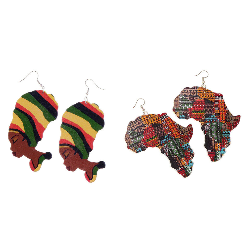 2Pairs Ethnic Natural wooden African Map Club Lady Women Dangle Earrings