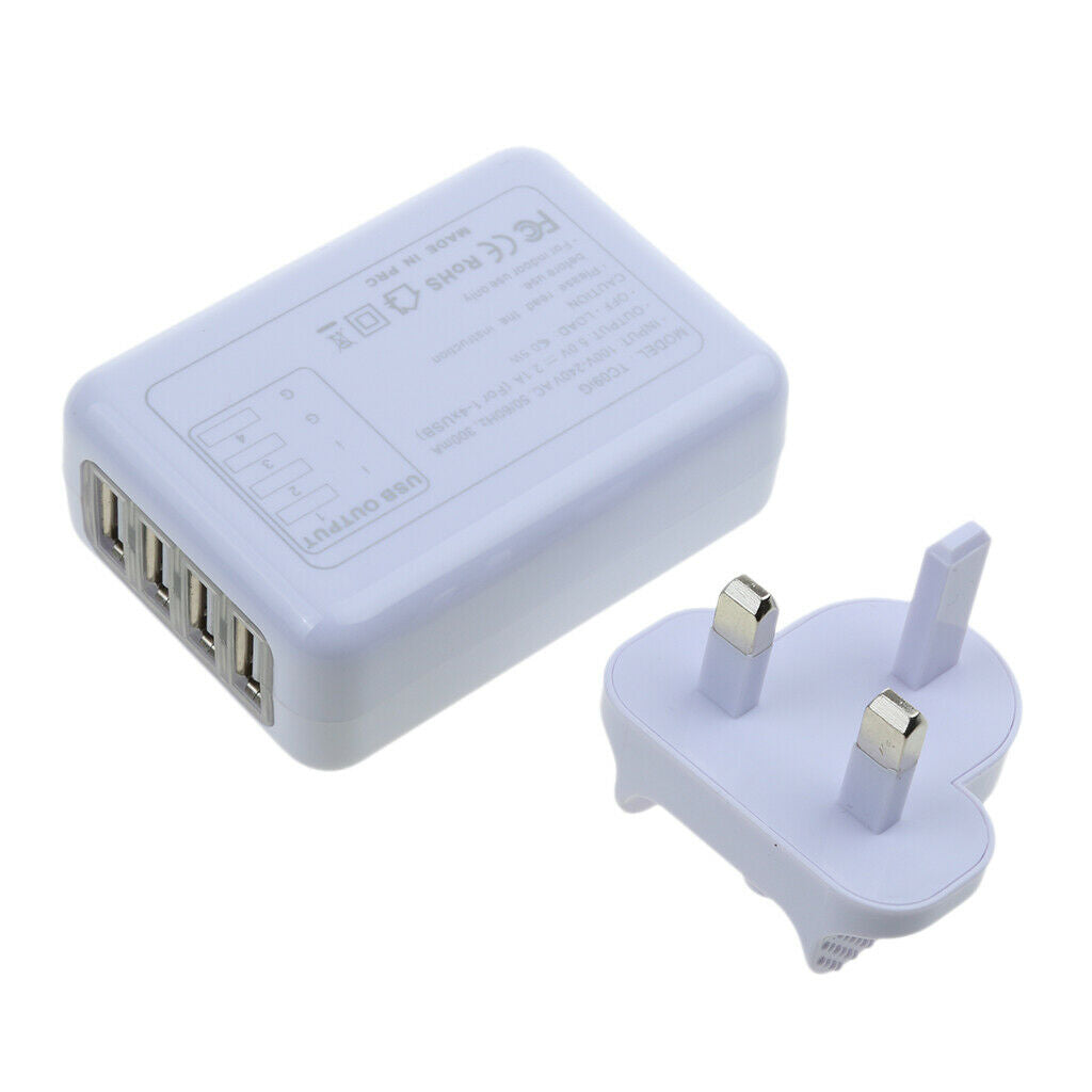 4 Ports USB Multi Adapter Travel Wall AC Charger with UK Plug White