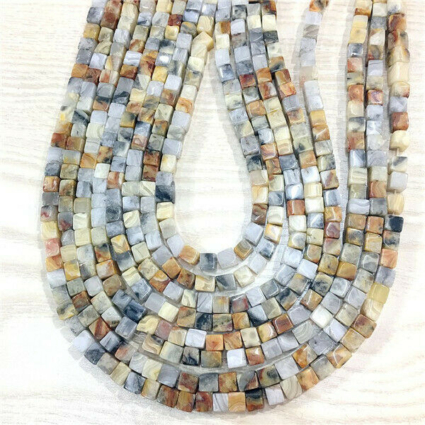 1 Strand/62Pcs 6x6mm Yellow&Gray Crazy Lace Agate Cube Loose Beads 15.5" HH711