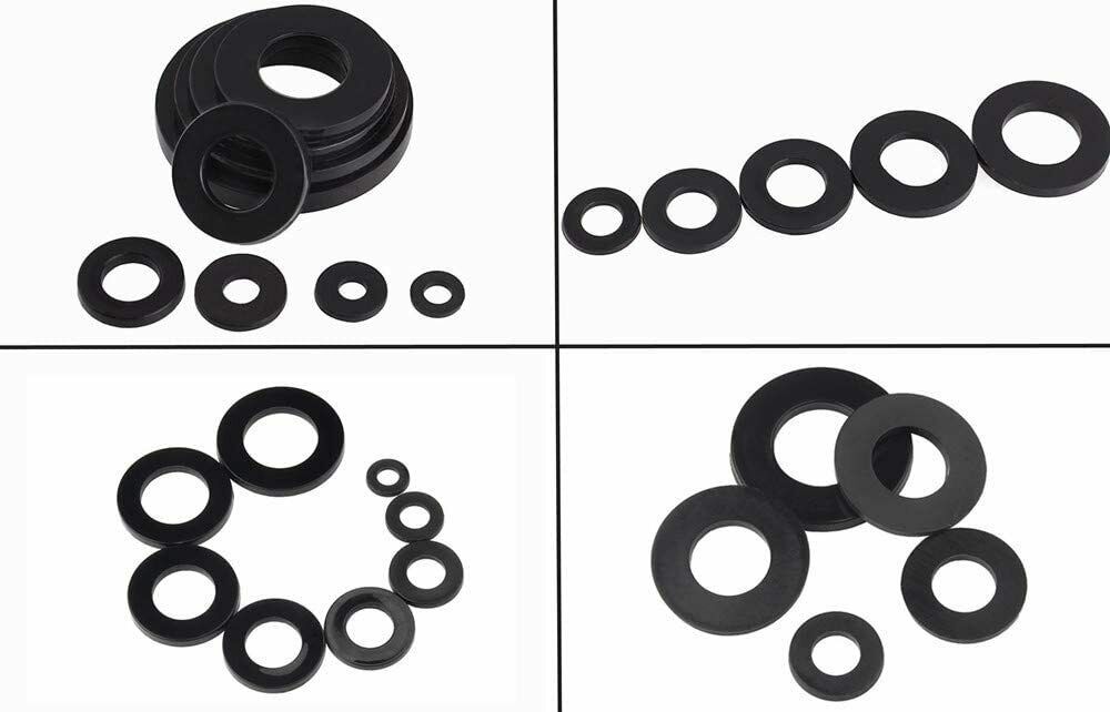 M2-M8  A Total of 7 Sizes, 364 Pieces of Black Nylon Rubber Flat Ring Washers