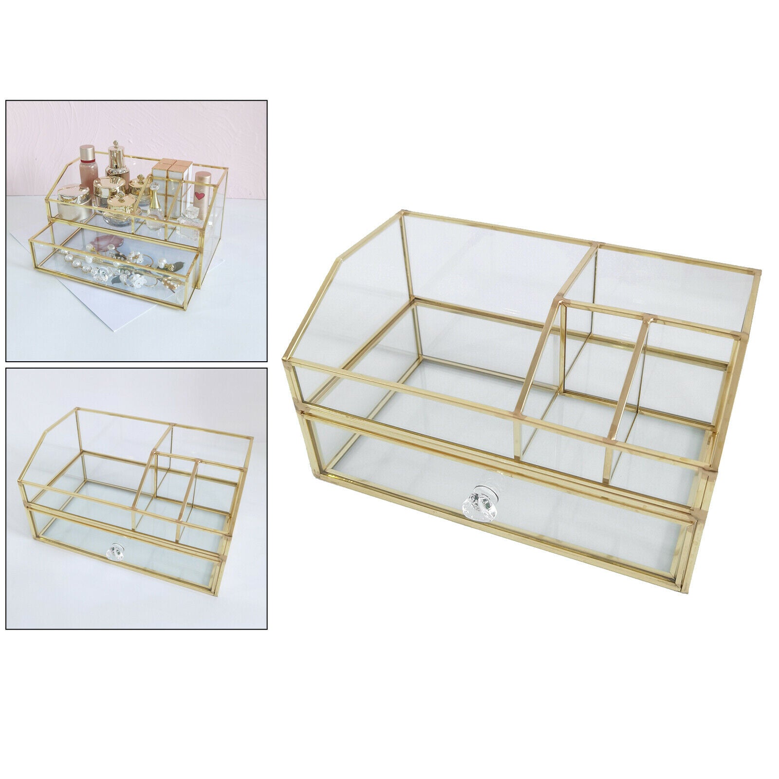 Clear Glass Jewelry Organizer Box - Golden Metal Keepsake Box Jewelry Organizer