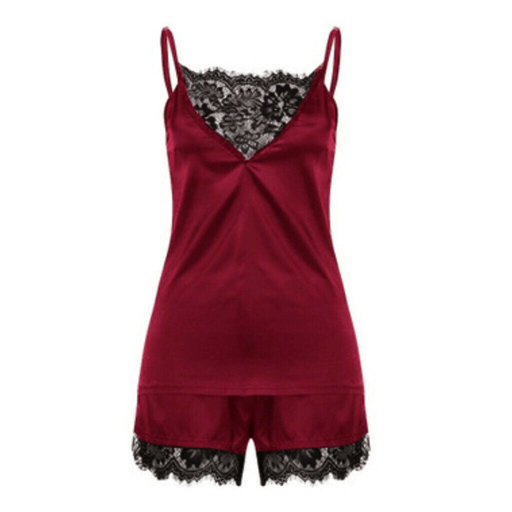 Wine Red Women's Lace Satin Sleepwear Cami Top and Shorts Pajama  M
