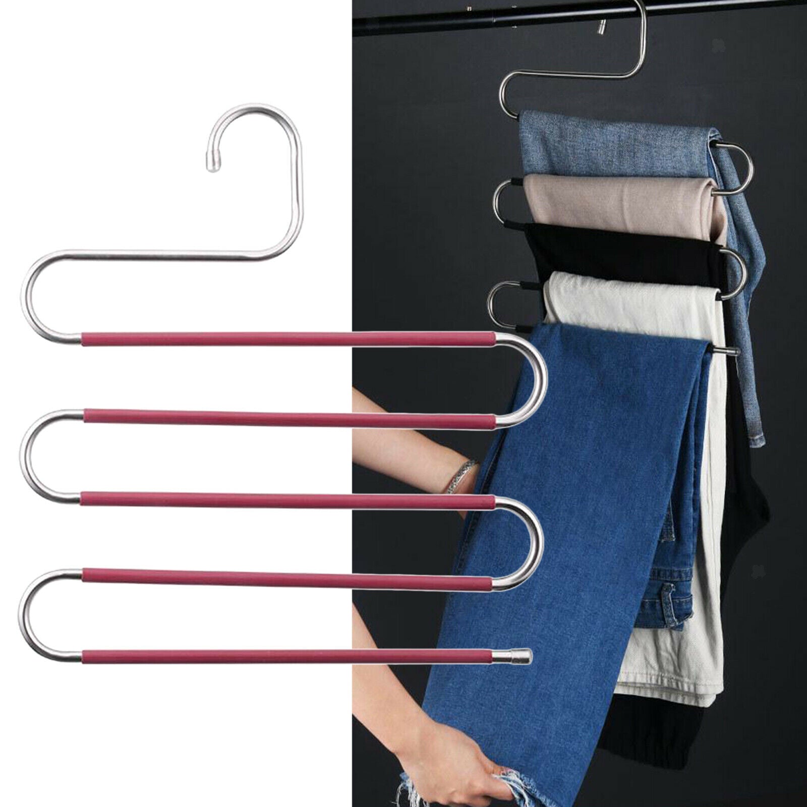 Pants Clothes Storage Rack Pants Tie Storage Shelf Closet Organizer Rose Red