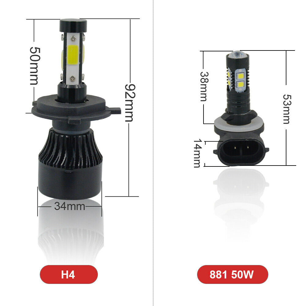 6000K 4-Side Glow H4 LED Headlight Bulbs+881 50W Fog Light fit Kia Spectra 07-09
