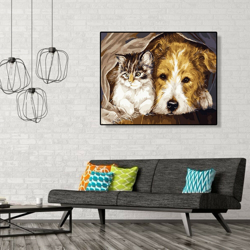 DIY Digital Oil Painting By Numbers Staying Dog Cat Acrylic Animal Picture @
