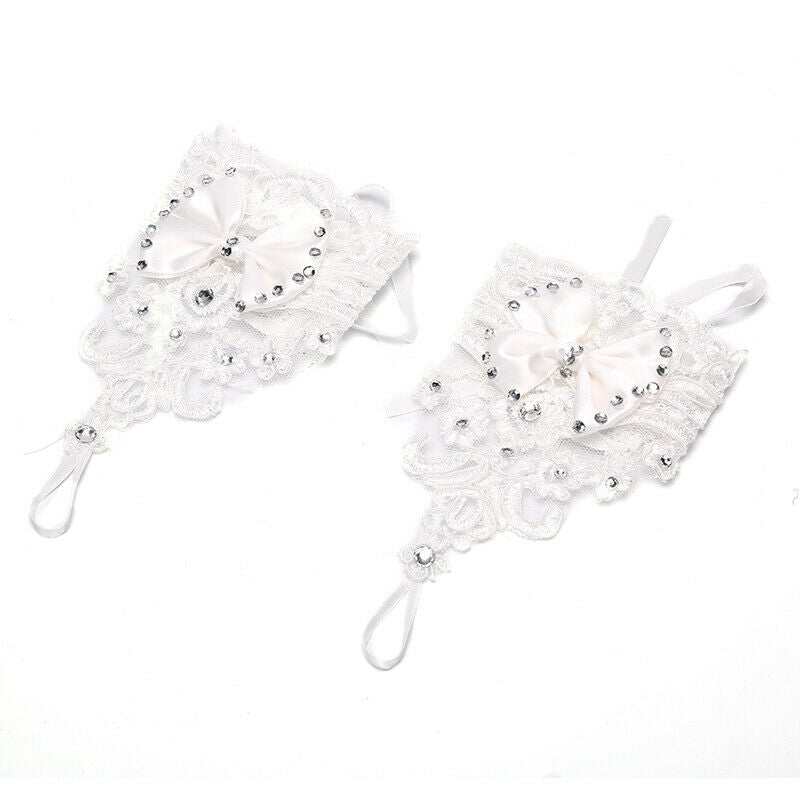 Short Lace Floral Rhinestone Bowknot Fingerless Wedding Party Bridal Glov.l8