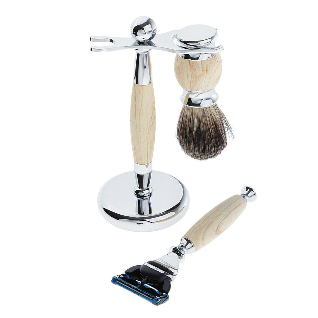 Mens Shaving Kit Gift Set w/5 Layer Blade Razors Brush & Stand Holder Beige