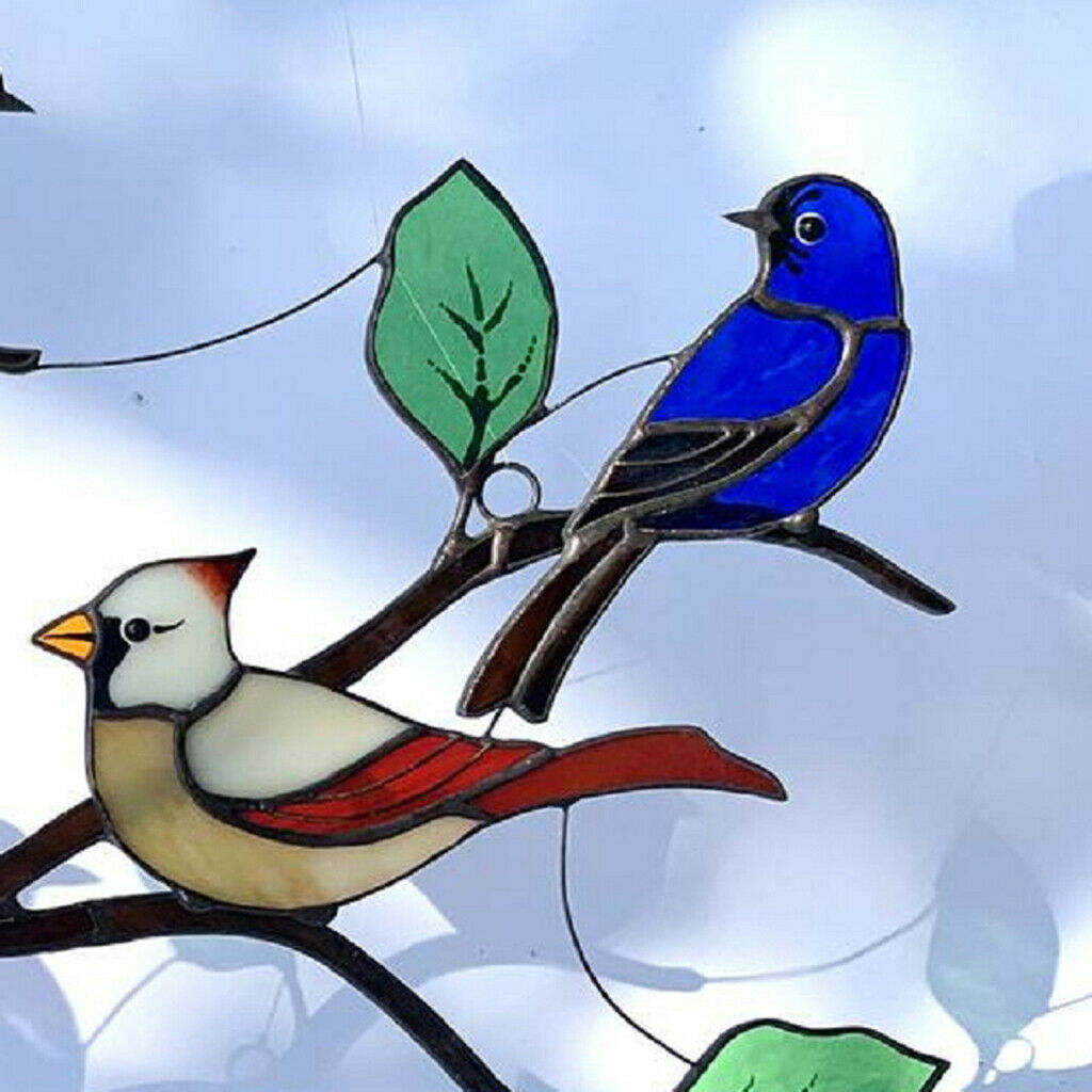 Lovely Stained Glass Birds-On-Branch Window Panel Hanging Suncatcher decor