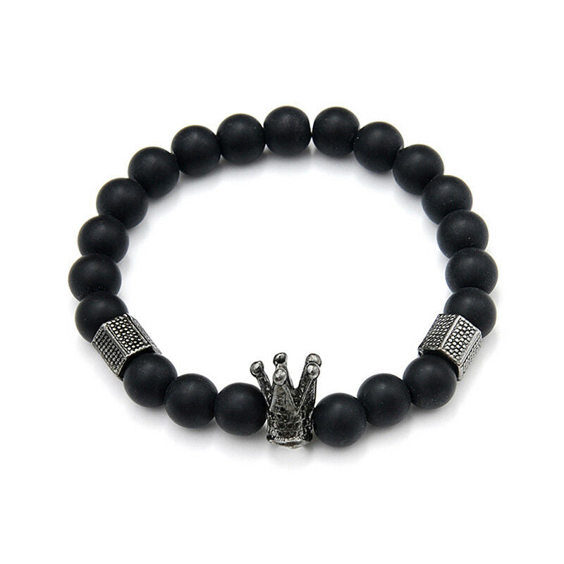 Men Black Stone Crown Beaded Cuff Charm Wristband Bangle Bracelet Jewe .l8