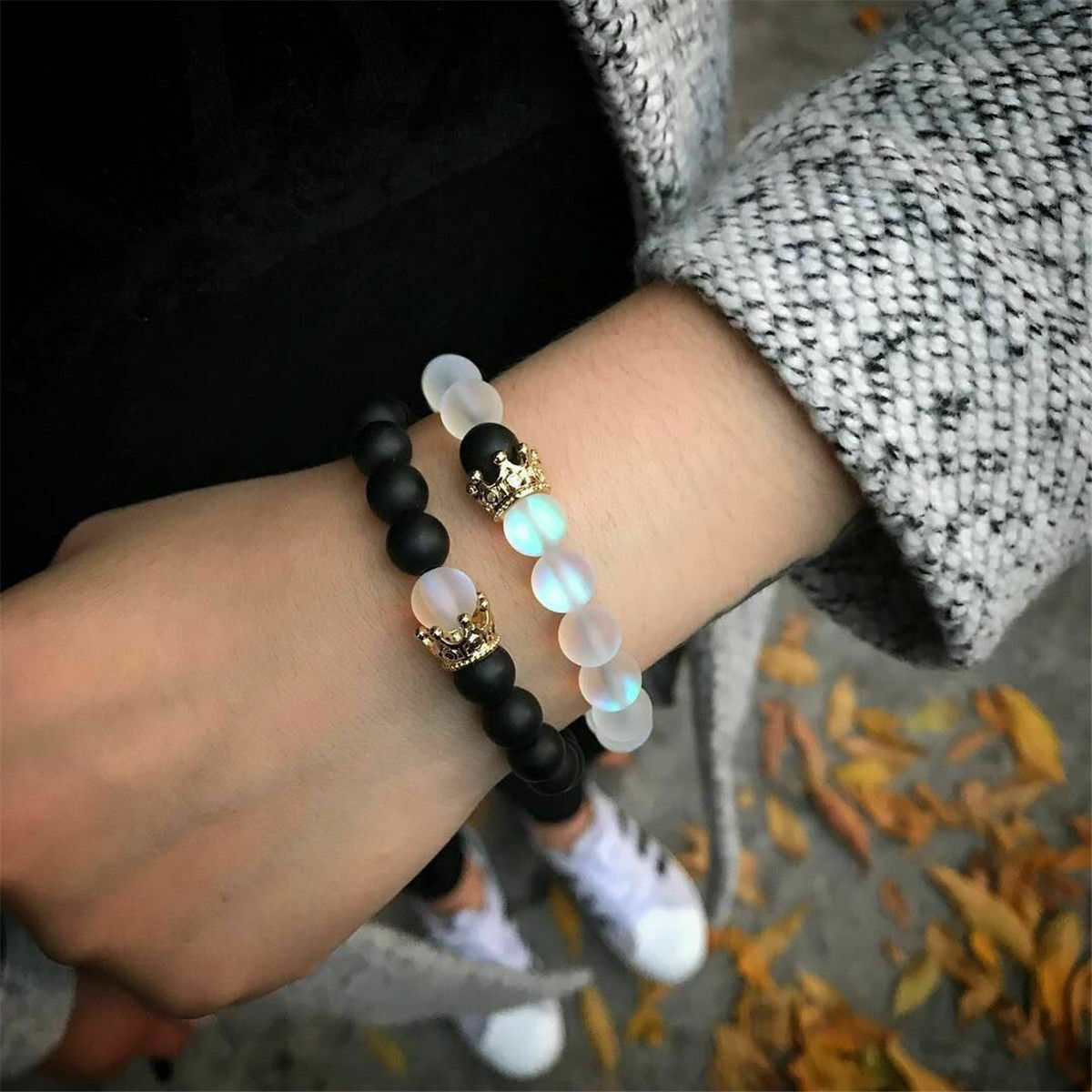 2Pcs King Queen Crown Couple Bracelets His & Her Friendship 8mm Beads Bracelets