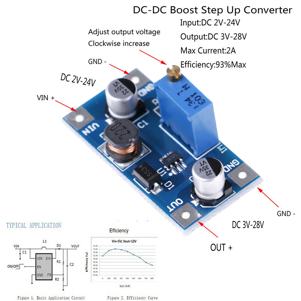 2A DC-DC boost stepup volt converter power supply2V-24V to 3v 5v 6v 9v 12v.l8