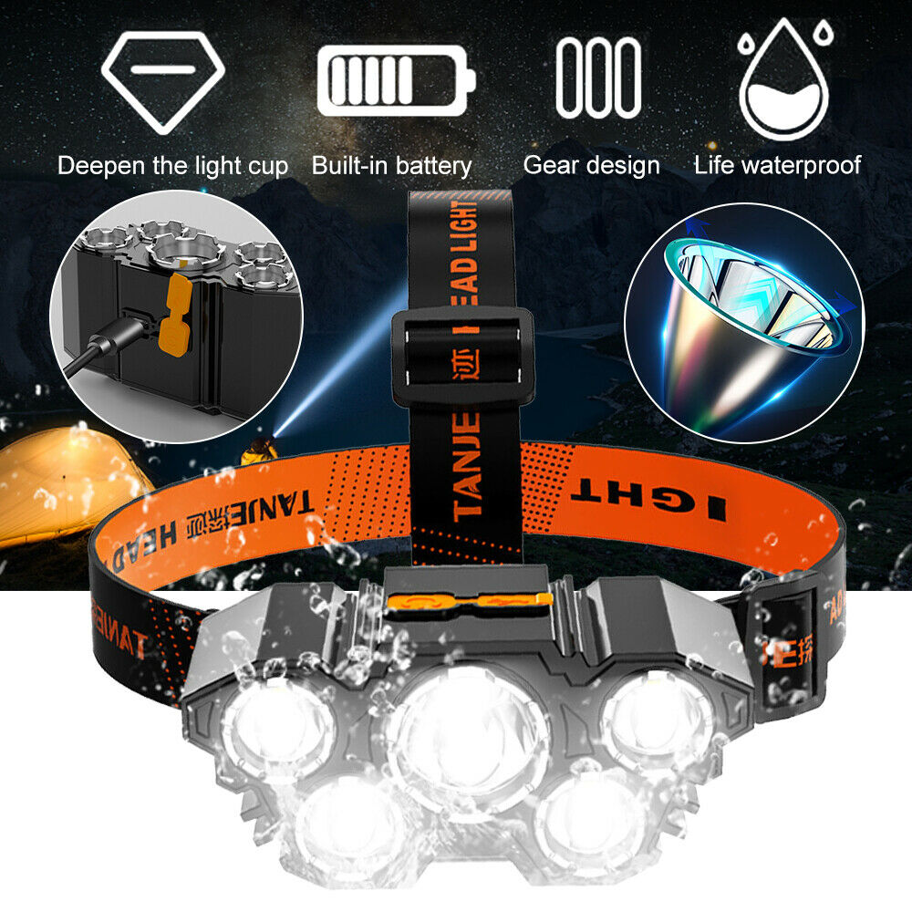 USB Outdoor Camping Headlight 5 Lights Powerful LED Rotatable Light Headlamps