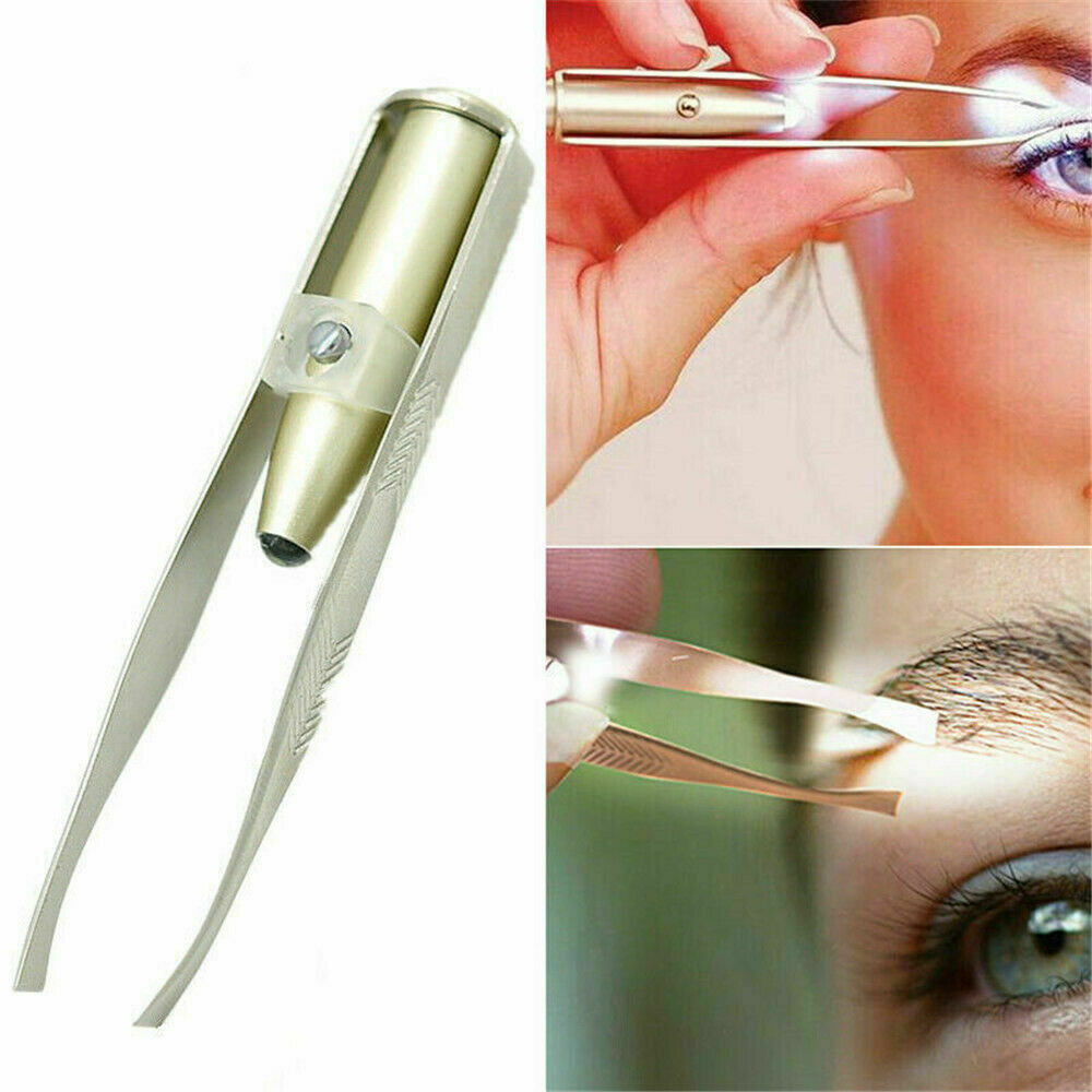 1pc Stainless Steel LED Light Eyebrow Tweezer Clip Eyelash Hair Removal Tool Pro