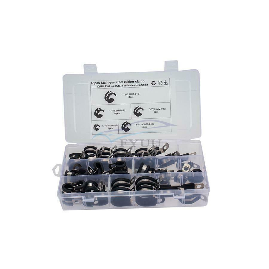 48PCS Universal1/4" 3/4" 3/8" Stainless Steel Cable Clamp Hose Rubber Gasket