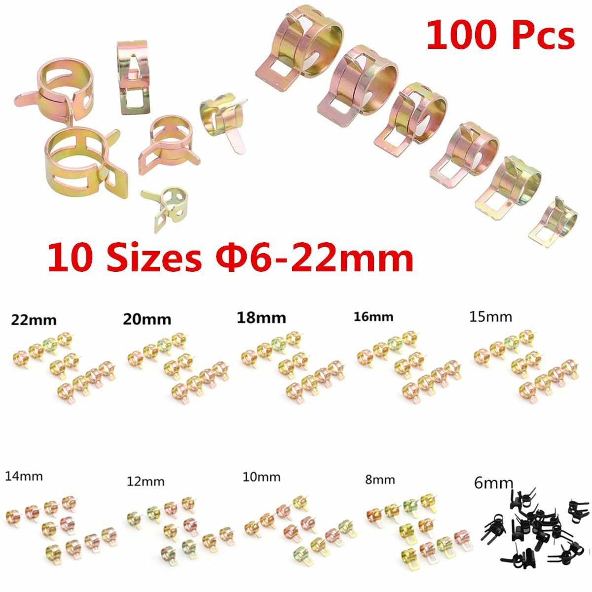 100pcs Spring Clip Fuel Oil Water Hose Pipe 6-22mm Tube Clamp Fasteners 10 Sizes