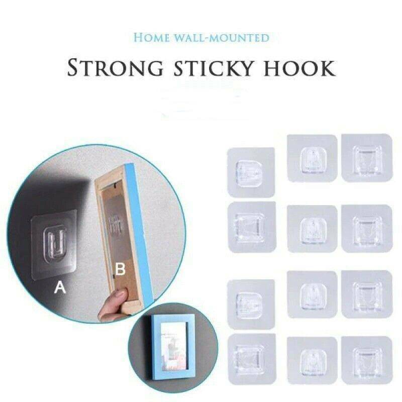 10x Adhesive Sticky Hooks Heavy Duty Wall Seamless Hooks Hangers Transparent