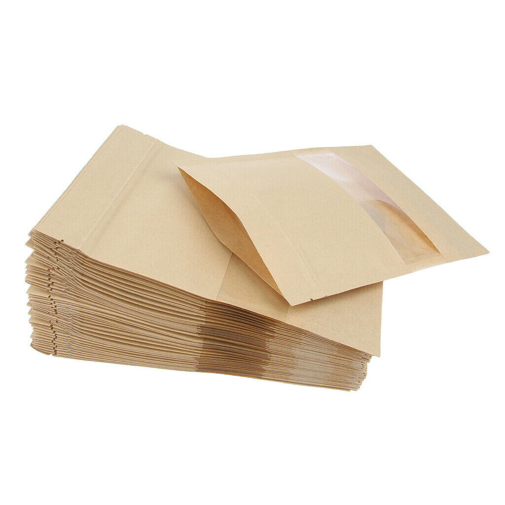 100X Kraft Paper Bags w/ Transparent Window Dry Food Coffee Storage 14x22+4