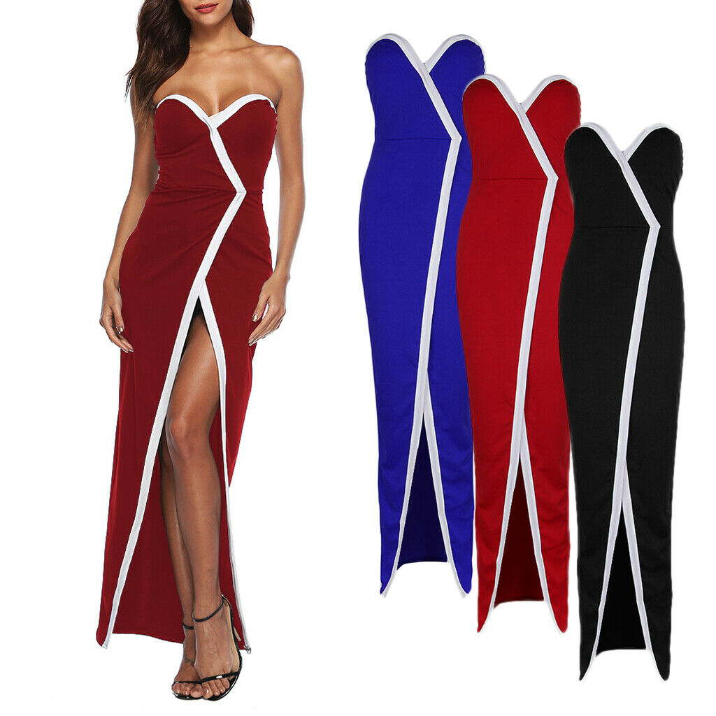 Women Off Shoulder Front Split Stripe Bodycon Clubwear Party Dress S Red