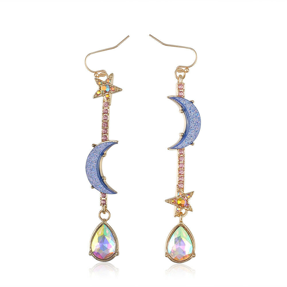 Korean Style Blue Moon Star Crystal Dangle Drop Rhinestone Earrings Ear Jewelry