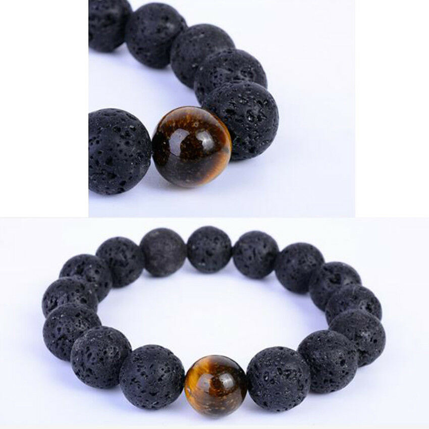 Men's Lava&Tiger Eye Stone Beads Ball Beaded Bracelet Gift Jewelry 12m