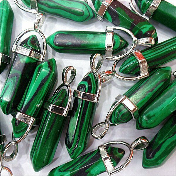 25Pcs 42x9mm Green&Black Malachite Point Chakra Healing Six Angle Pendant HH7998
