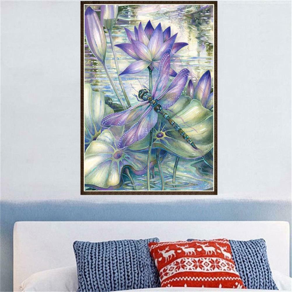 Dragonfly Lotus Flower 5D DIY Full Drill Diamond Painting Embroidery Decor @