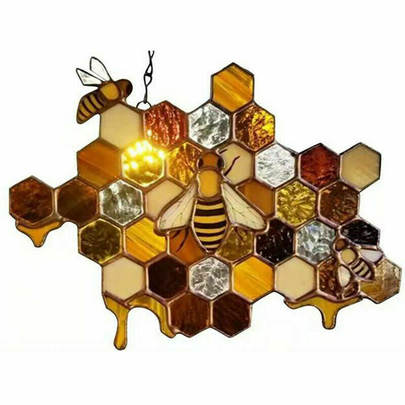 Stained Glass Bee Honeycomb Hanging Suncatcher Ornaments Window Garden Decor
