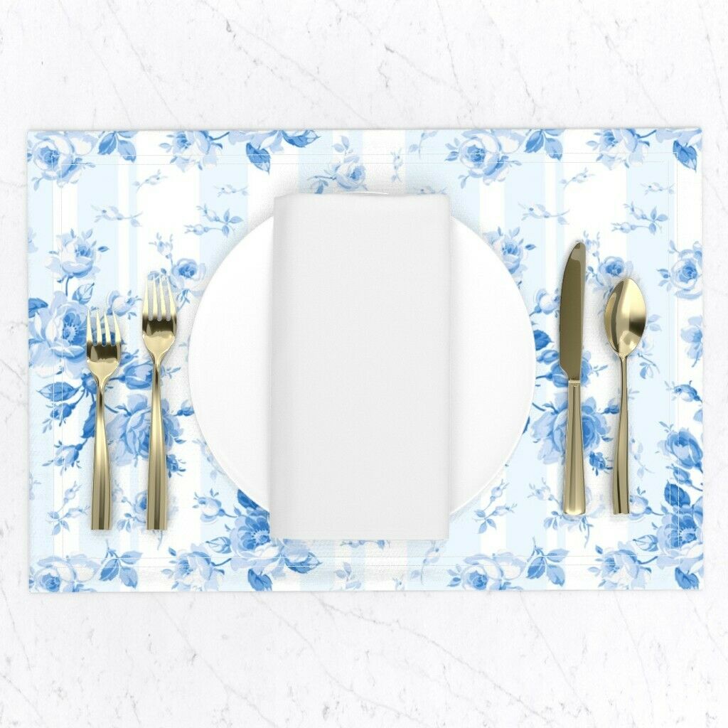 Cloth Placemats Roses Delicate Florals Stripes Blue Set of 2