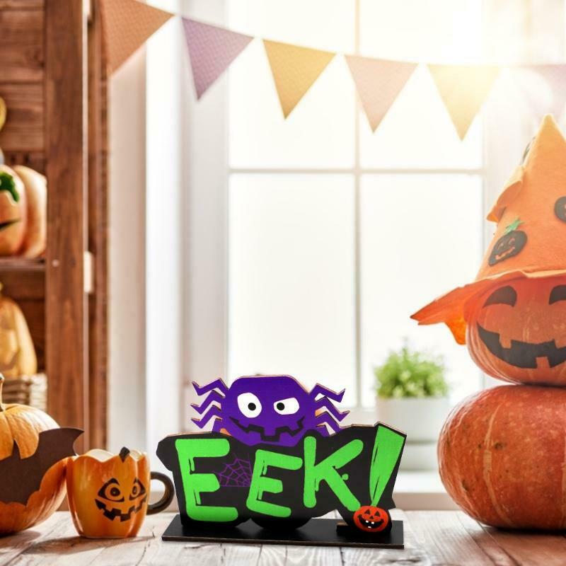 Halloween EEK Spider Wooden Desktop Ornaments Creative Decor for Home Indoor