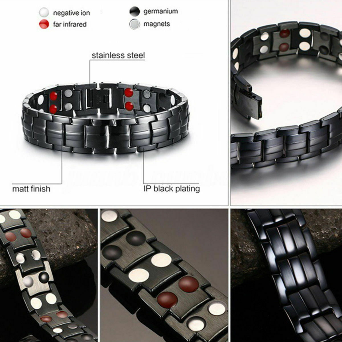 Men Titanium Magnetic Energy Germanium Armband Bracelet Health Bio 4in1 Black
