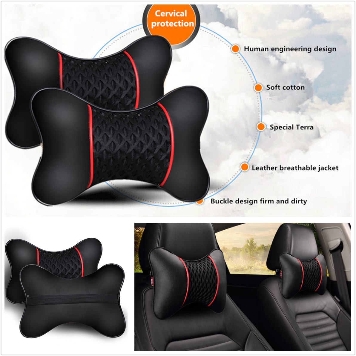 2x Comfortable Car Headrest Neck Pillow Ice Silk Leather Auto Seat Neck Pillows