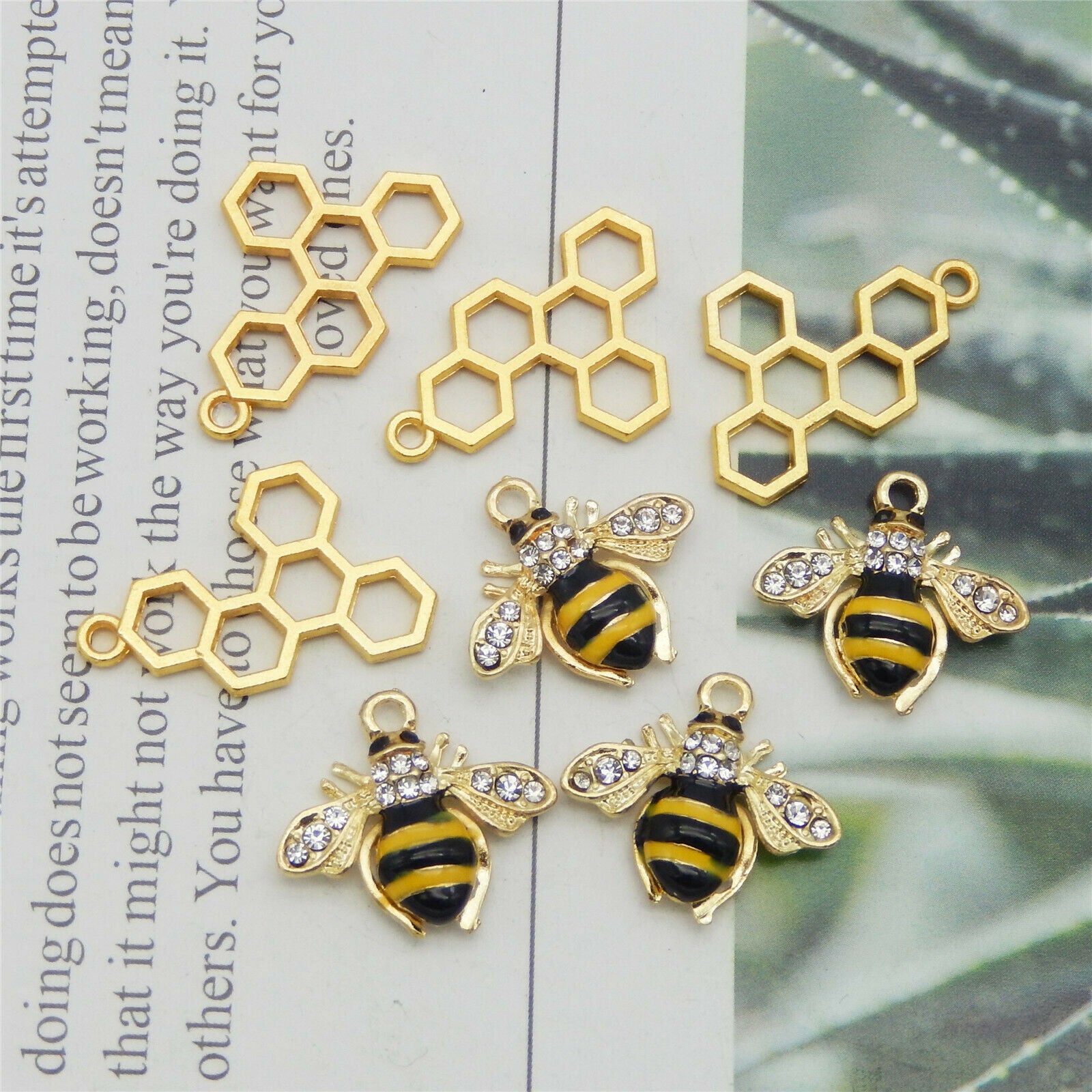 12pc Colorful Enamel Crystal Bees and Honeycomb Charms Pendant Jewelry Making