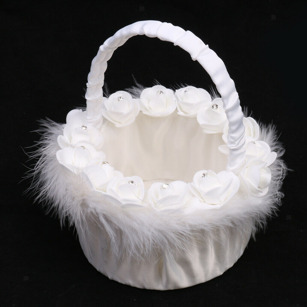 White Satin Feather Crystal Rose Wedding Party Ceremony Flower Girl Basket