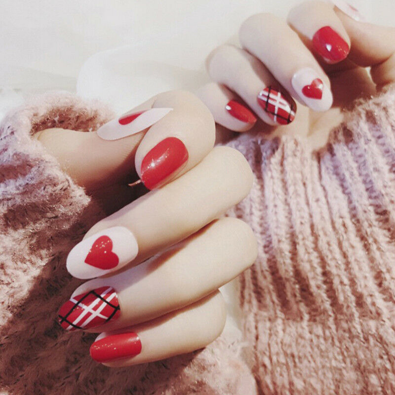 red heart acrylic nail tips short false nails art fingernails 24pcs/set JcJ.DD