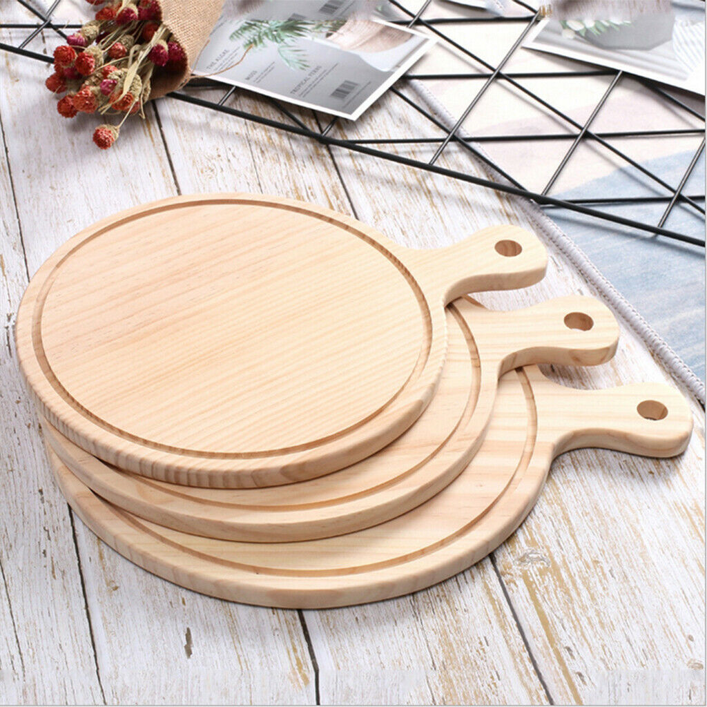Round Wooden Board Kitchen Pizza Bread Plate Serving Tray with Handle 12inch