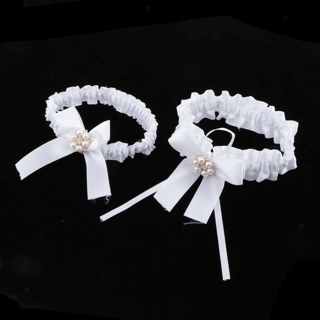 of 2 Women Crystal Leg Garter Belt Bowknot Thigh Strap Prom Costumes White
