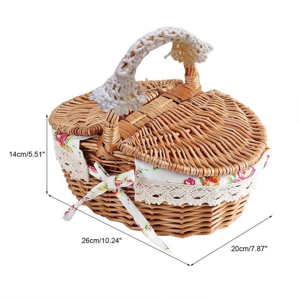 Wicker Linen Picnic Basket Food Storage Hamper Wooden Handle Camping Handmade