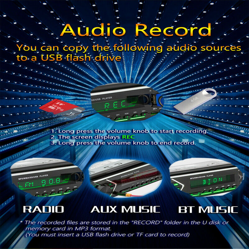 12V Car MP3 Player Audio In-Dash Bluetooth Hands-free FM Radio Colorful Lights