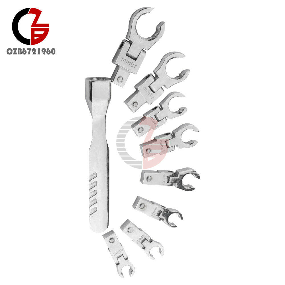 9PCS Portable Metric Ratchet 180°Rotating Gear Removable Flexible Wrench Set