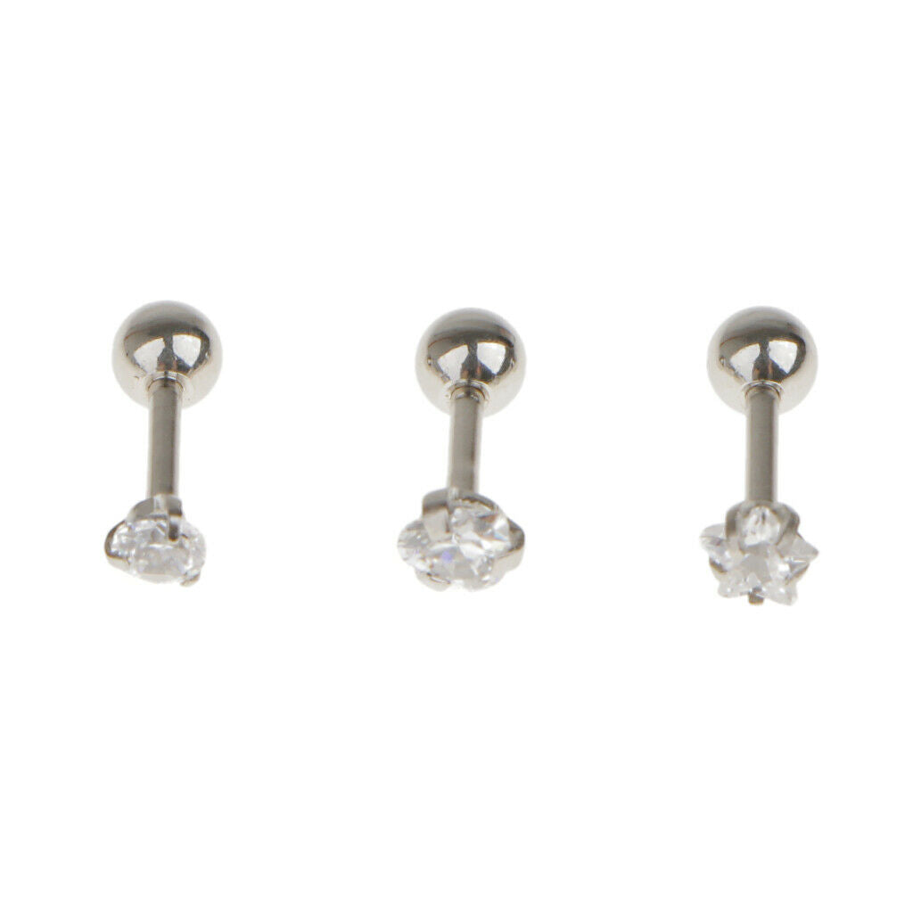3Pcs Assorted 316L  Steel Clear Zircon  Piercing Studs