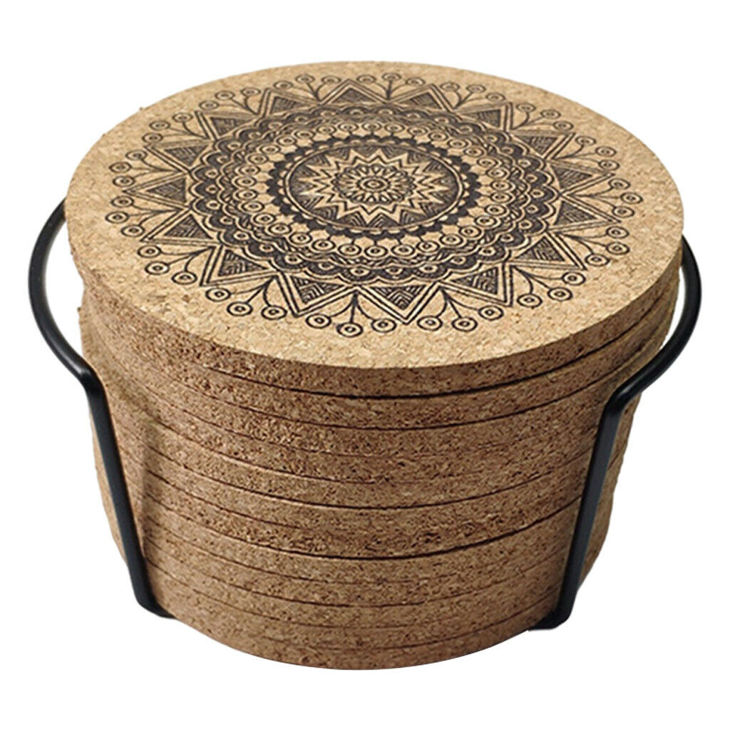 12x Round 4 Inches Cork Coasters Cup Mat with Metal Holder for Party Bar