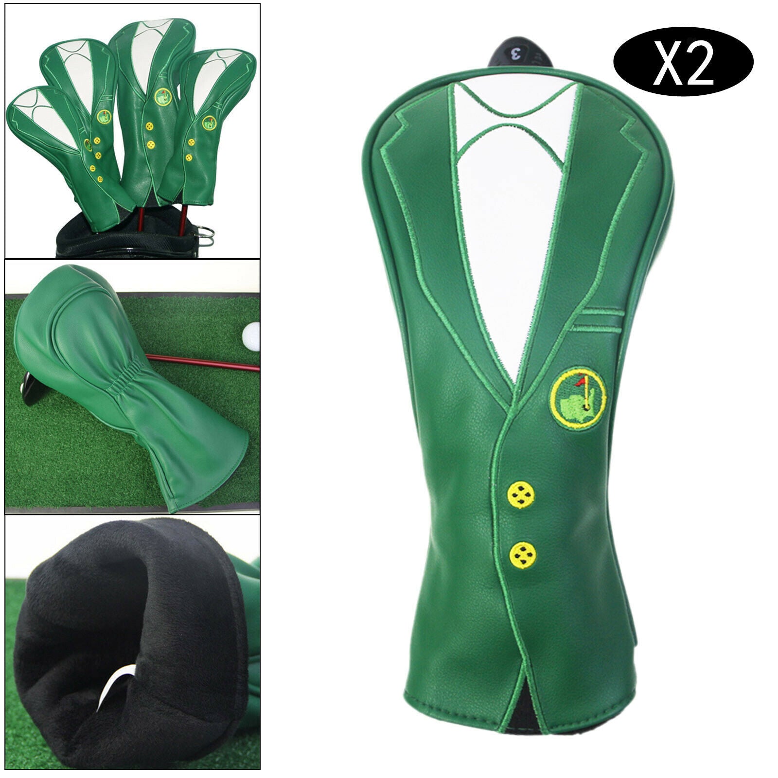 2PCS Golf Wood Headcover Green No. 3 Drivers Covers Club Guard Golfer Gift