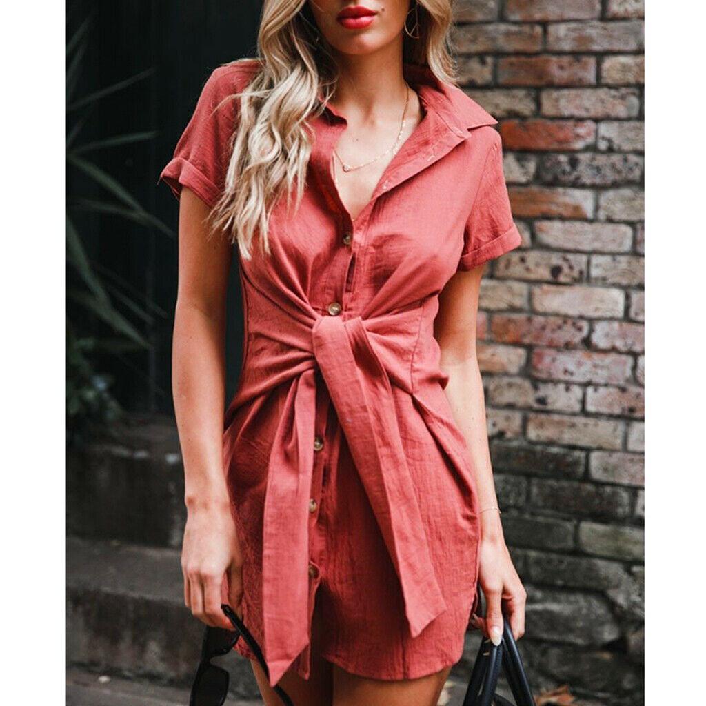 Women Summer Short Sleeve Solid Button Down Shirt Midi Dress Top S Red