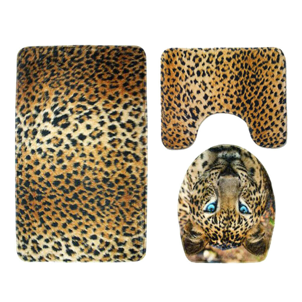 3 Pieces Flannel Toilet Lid Non Slip Bath Mat Bathroom Rug Set Leopard