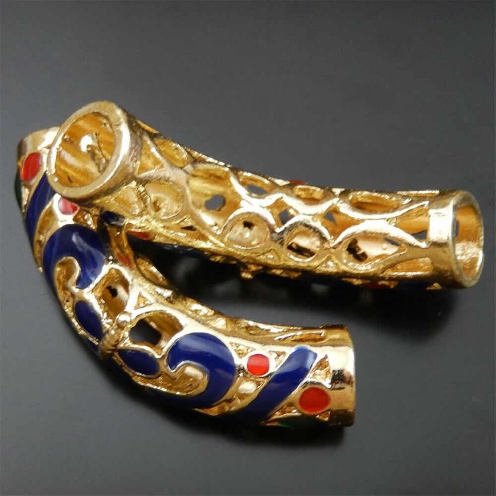 3 Golden Hollow Bent Floral Tube Bead Charm Enamel Alloy Pendant Jewelry 46*10mm