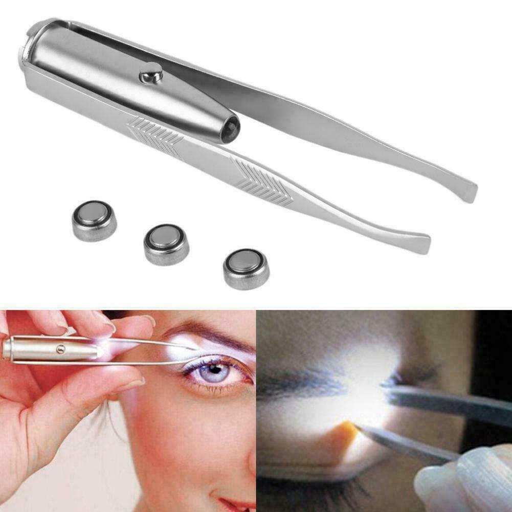 Stainless Steel Eyebrow Eyelash Tweezers with LED Light Hair Removal Makeup Tool