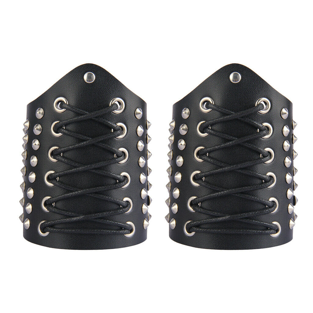 2Pcs Medieval Pu Leather Wristband Wide Bracer Gothic Arm Armor Cuff Black