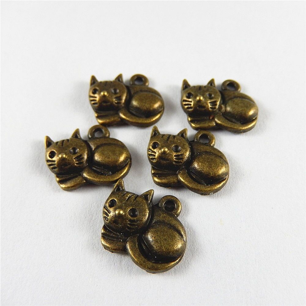 60 pcs Antiqued Bronze Little Cat Charm Alloy Pendant Dangle DIY Craft 14x13x2mm